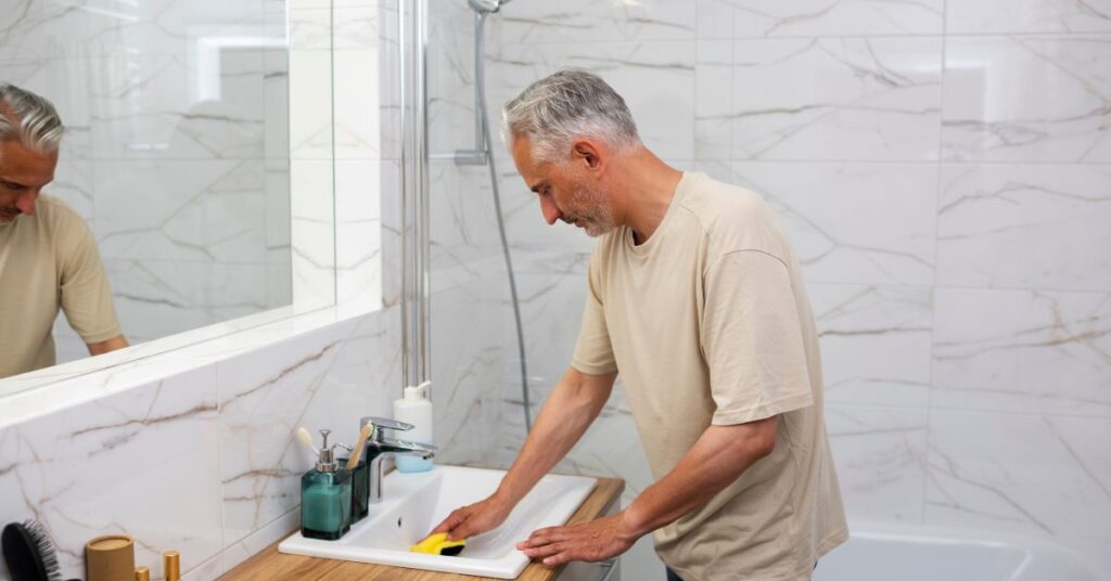 clean bathroom using steam cleaner